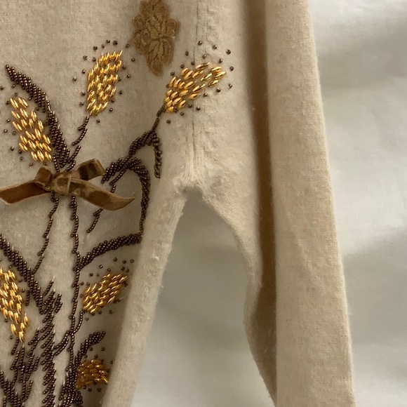 Tan Cardigan Sweater with Beaded Wheat Pattern and Lace Appliqués, Tie Belt (S) - Picture 12 of 15